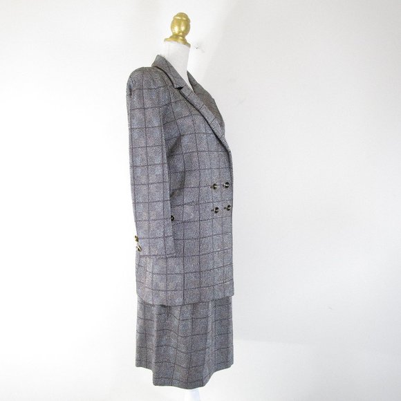 St. John Collection Metallic Gray Plaid Double Breasted Skirt Suit 10 Formal - Picture 10 of 16